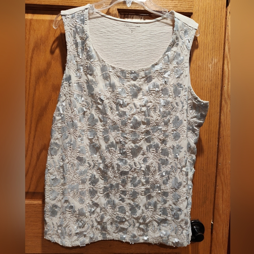 Coldwater Creek Cream/Tan Silver Sequin Sleeveless Tank Top
